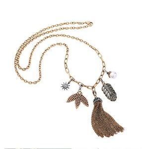 Vintage Style Goldtone Tasseled Charmed Long Necklace